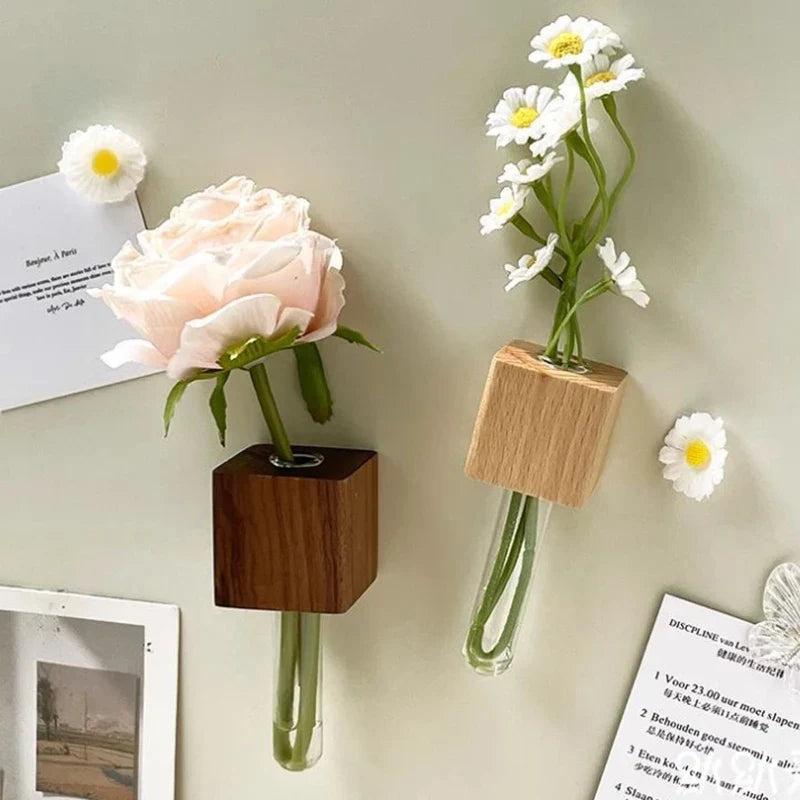 1/2pcs Wooden Magnetic Test Tube Vase Refrigerator Magnet DIY Flower Arrangement Simulation Flower Vase Home Kitchen Decoration