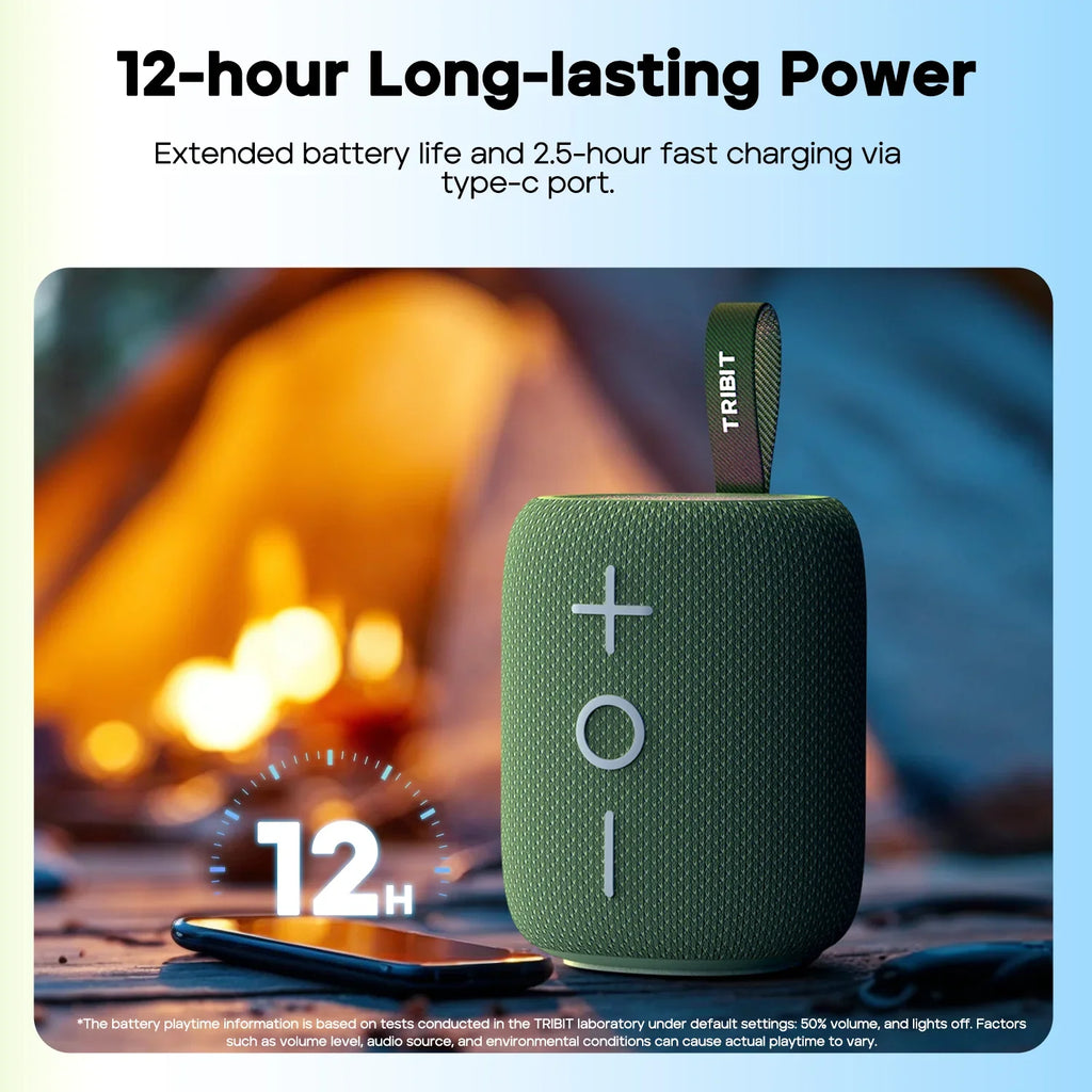 TRIBIT StormBox Mini+ Bluetooth Speaker, 12W 360° Sound With XBass, LEDs, 12 Hours playtimes, IPX7 Waterproof For Hiking Outdoor
