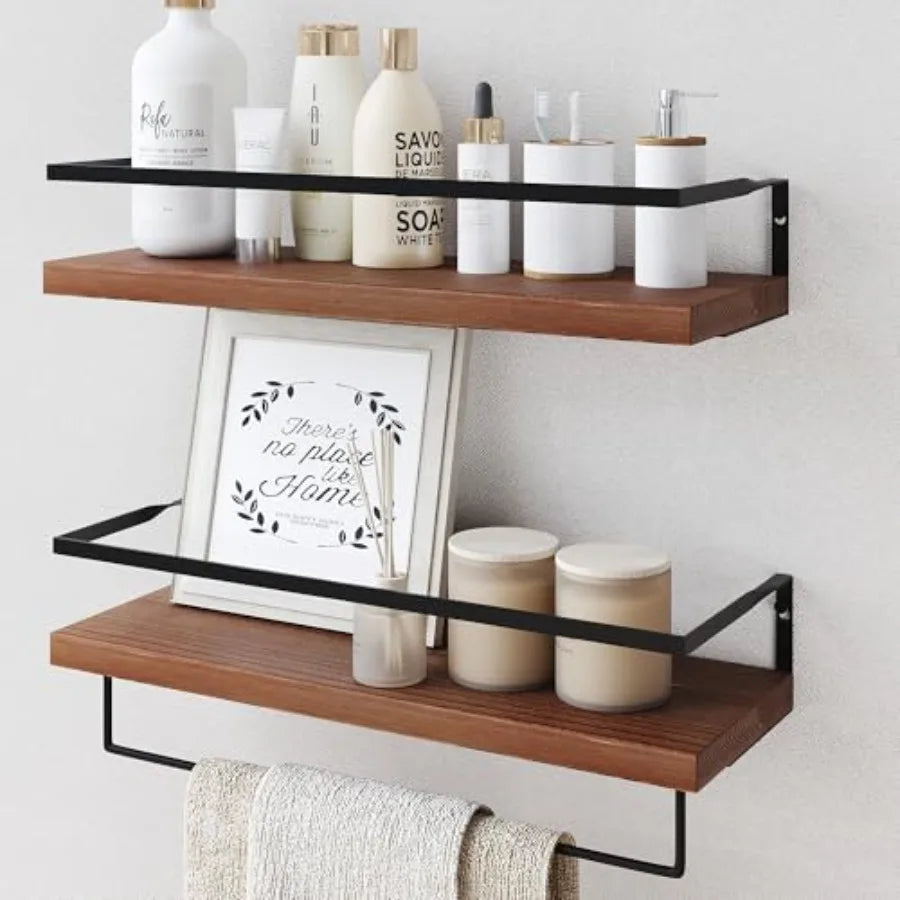 Wood Floating Shelves Wall Mounted - 2+1 Tier Rustic Bathroom Wall Shelves Over Toilet with Towel Bar, Set of 2 Farmhouse Float
