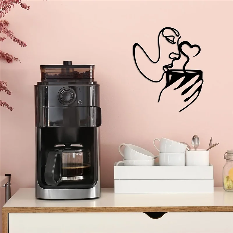ABRE-Metal Coffee Wall Art Decor,Minimalist Women Drink Coffee Shape Wall Art, Modern Abstract Line Drawing Coffee Sculptures Du