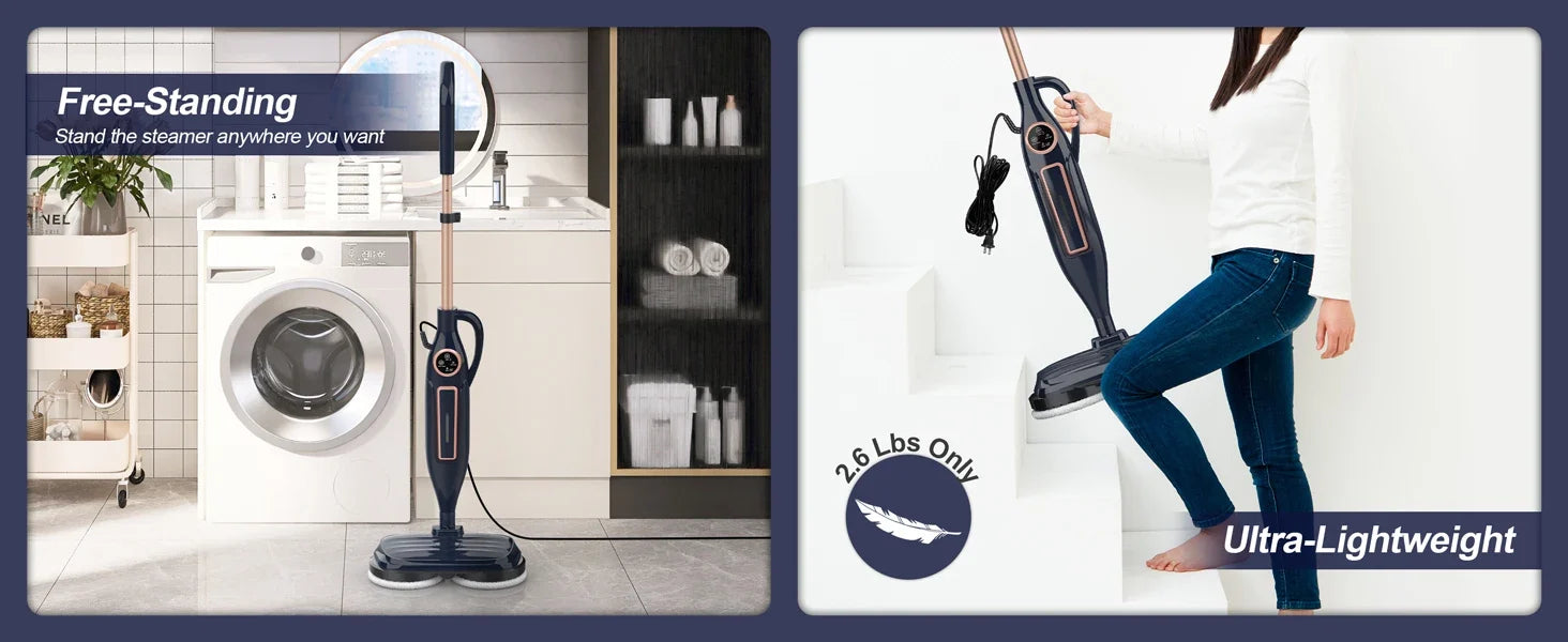 VM6 Steam Mop Cleaner with Rotating Mop Pads 1300W Powerful Floor Steamer 10 in 1 Lightweight Spin Mop High Temperature with Steam Blaster Technology LED Headlights for Home Hardwood Marble Floors