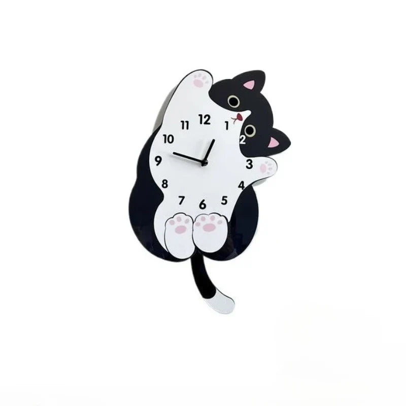 Cute Cat Tail Swaying Wall Clock Cartoon Silent Clock, Home Decoration Living Room Creative Clock Hanging on The Wall