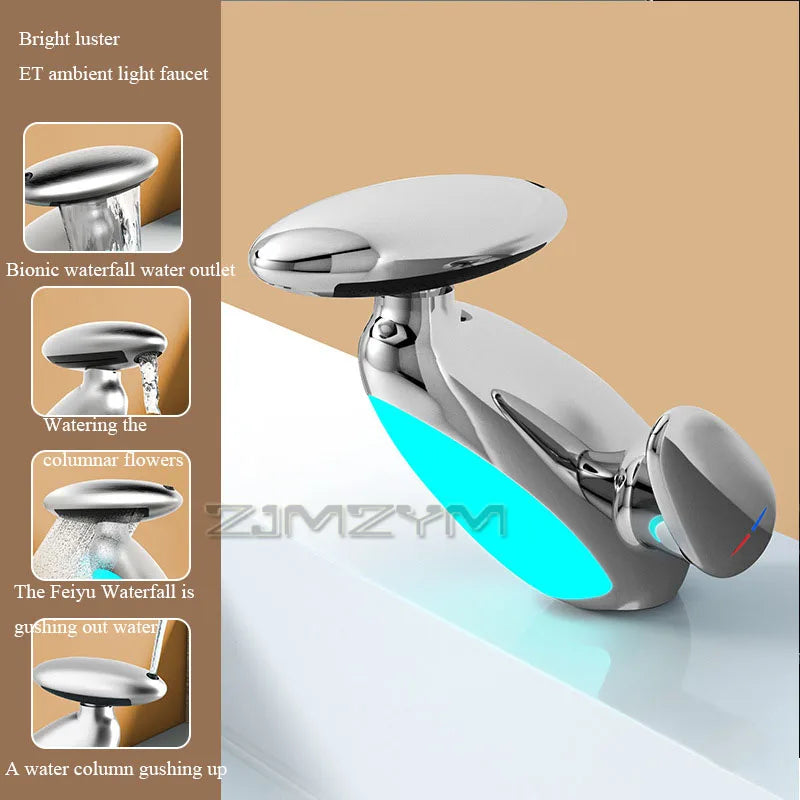 4Modes Outlet LED Basin Faucet 360° Rotatable Pulled Out Tap Temperature Sensitive Sink Faucets Drip-proof Hot Cold Switch Mixer