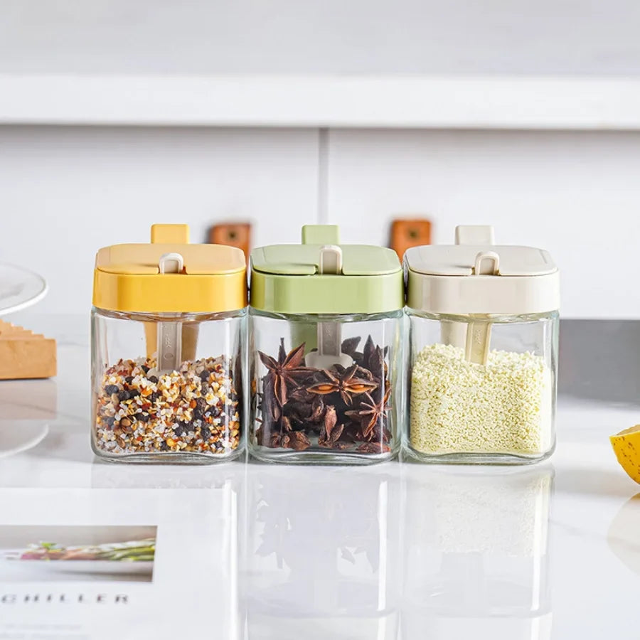 1pc Glass Seasoning Jar with Spoon Sugar Bowl Salt Shaker Pepper Spices Container Kitchen Tools Supplies Storage Spice Boxes
