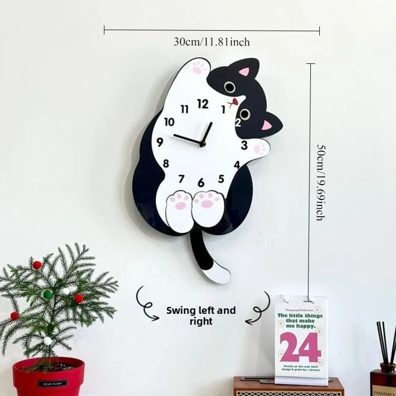 Cute Cat Tail Swaying Wall Clock Cartoon Silent Clock, Home Decoration Living Room Creative Clock Hanging on The Wall