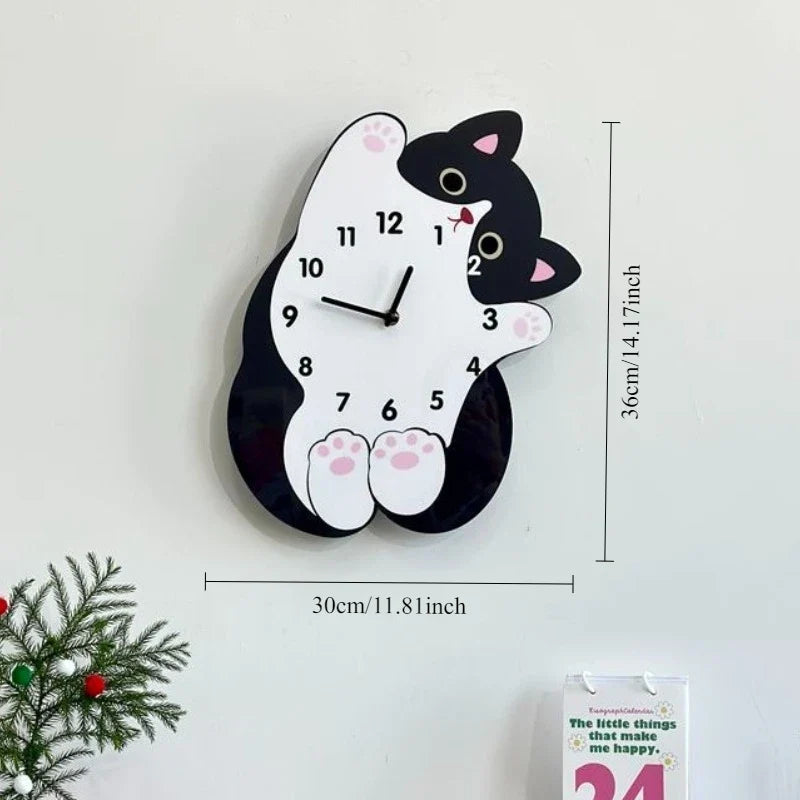 Cute Cat Tail Swaying Wall Clock Cartoon Silent Clock, Home Decoration Living Room Creative Clock Hanging on The Wall