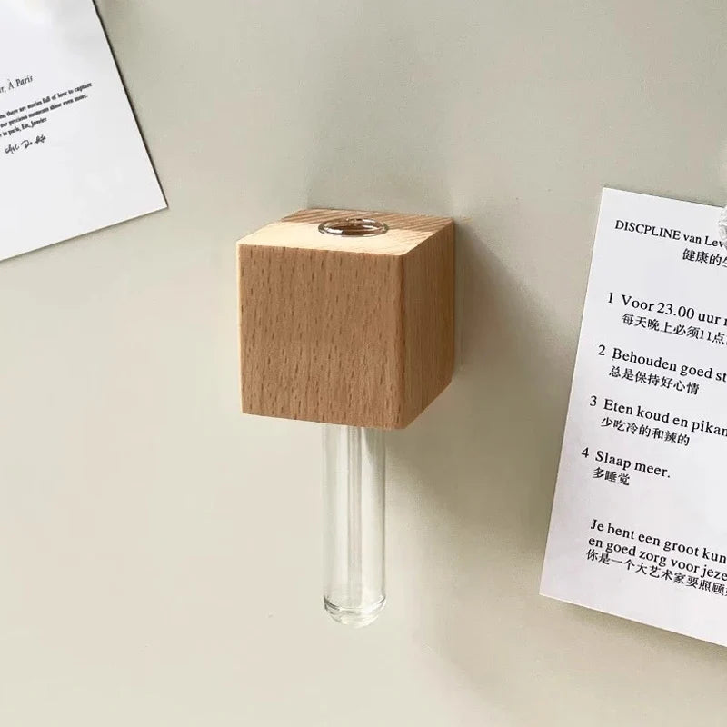 1/2pcs Wooden Magnetic Test Tube Vase Refrigerator Magnet DIY Flower Arrangement Simulation Flower Vase Home Kitchen Decoration