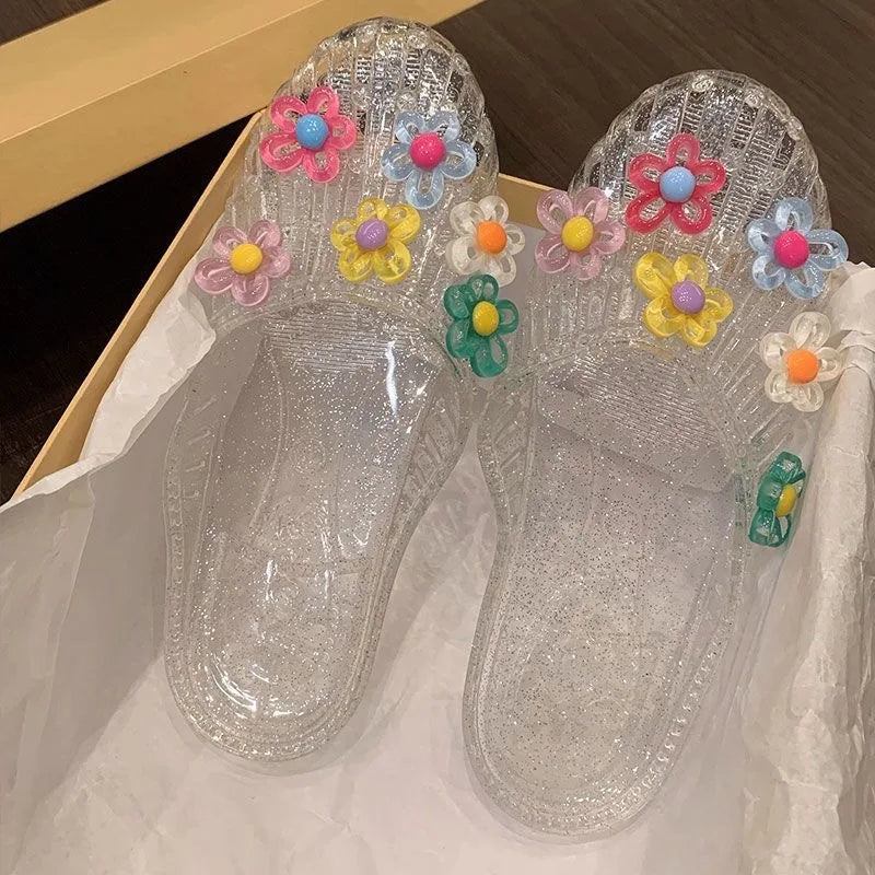 Sweet Fairy Style Butterfly Knot Slip-On Crystal Flower Head Flat Bottom Sandals Women's Summer Fashion Beaded Casual Sandals