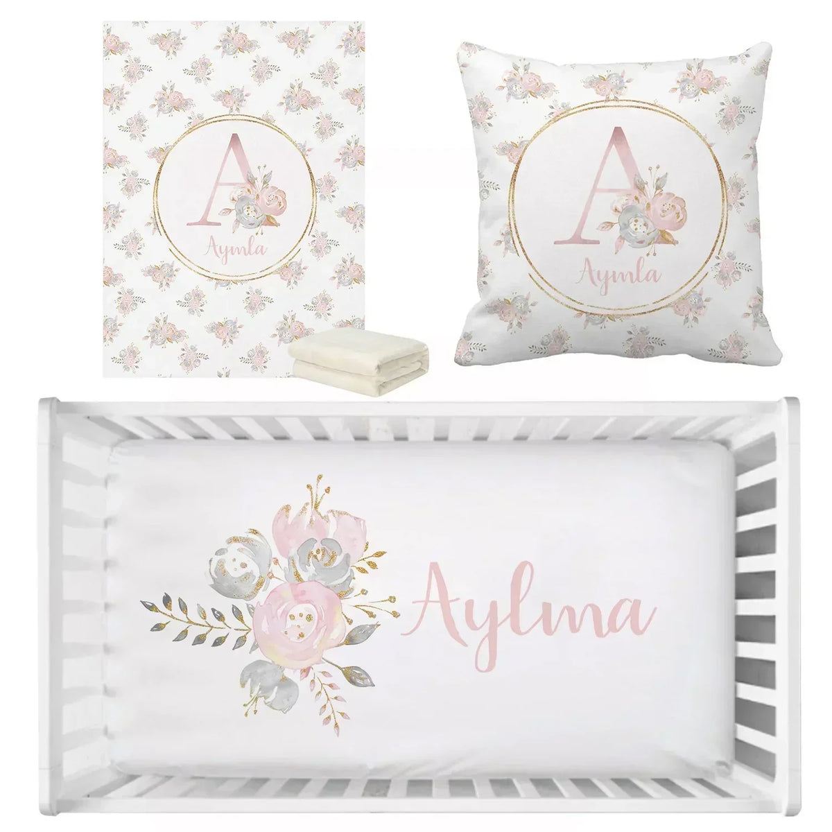 Personalized Name Blush Gold Floral Bedding product detail