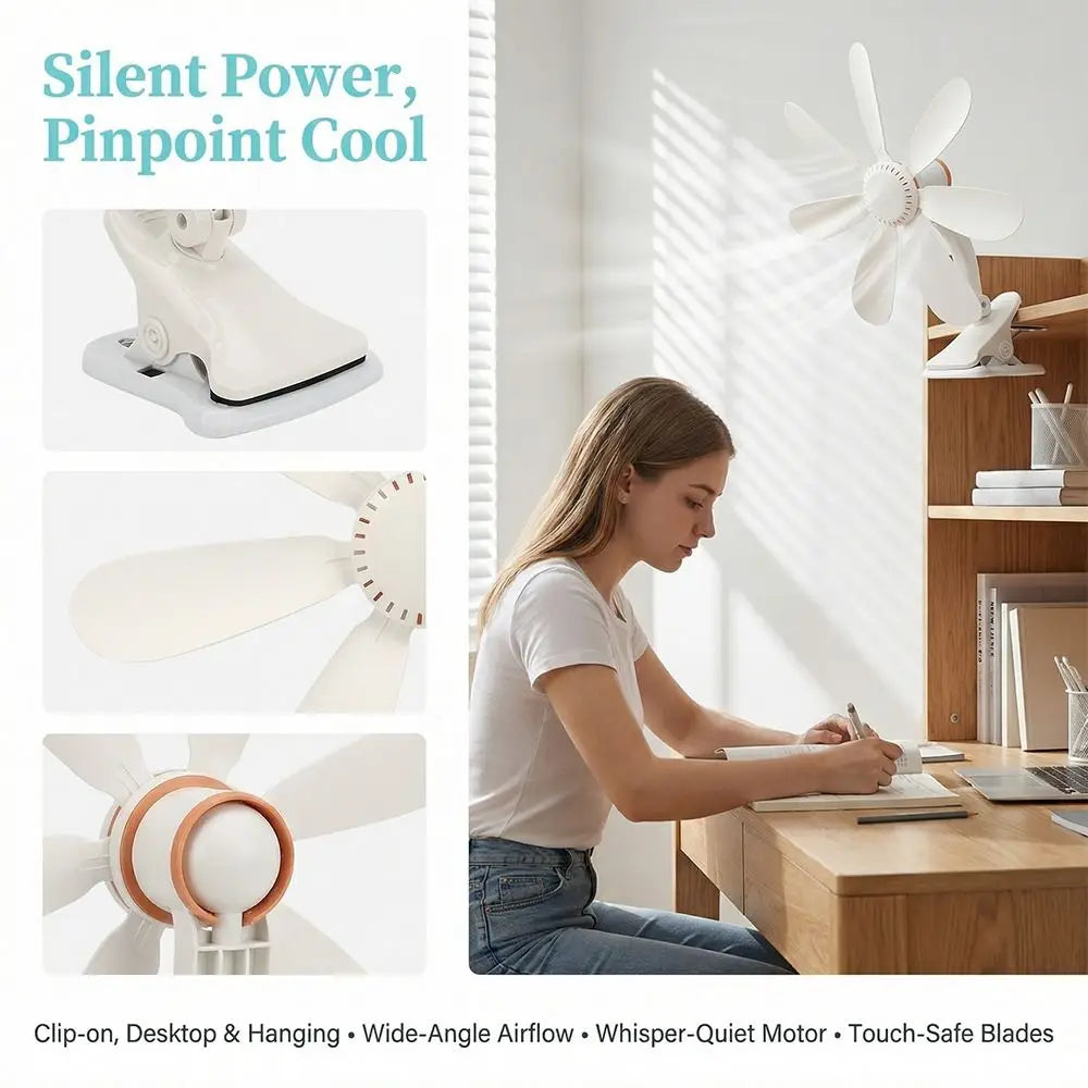 Strong Wind Portable Clip Fan Hollow-out Design Clip Fan Small Personal Fan Powerful Airflow Seven Leaves Personal Cooling Fan
