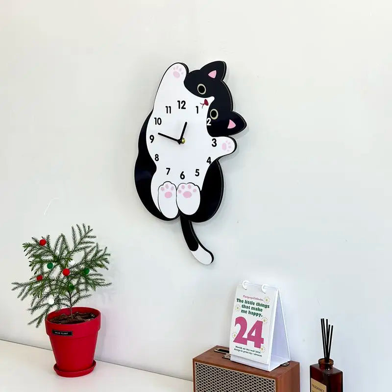 Cute Cat Tail Swaying Wall Clock Cartoon Silent Clock, Home Decoration Living Room Creative Clock Hanging on The Wall