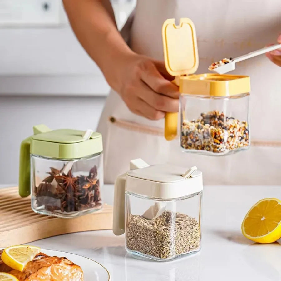 1pc Glass Seasoning Jar with Spoon Sugar Bowl Salt Shaker Pepper Spices Container Kitchen Tools Supplies Storage Spice Boxes