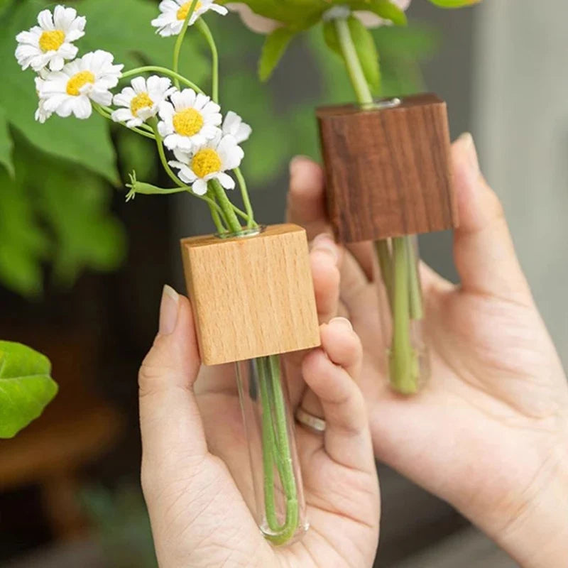 1/2pcs Wooden Magnetic Test Tube Vase Refrigerator Magnet DIY Flower Arrangement Simulation Flower Vase Home Kitchen Decoration