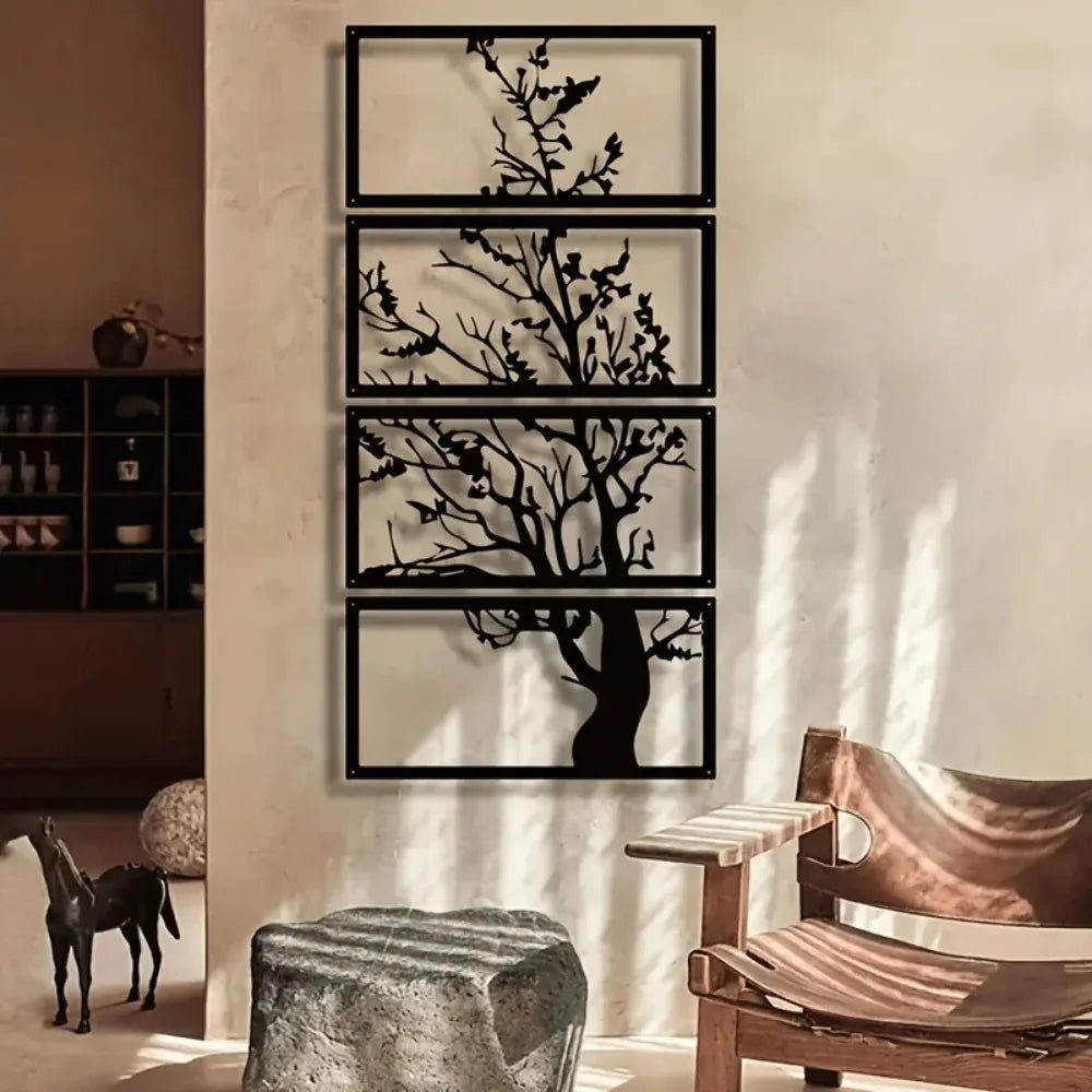 4pcs Art Deco Black Metal Wall Decor, Tree of Life Silhouette Hanging Artwork, Indoor Home Decorations for Living Room