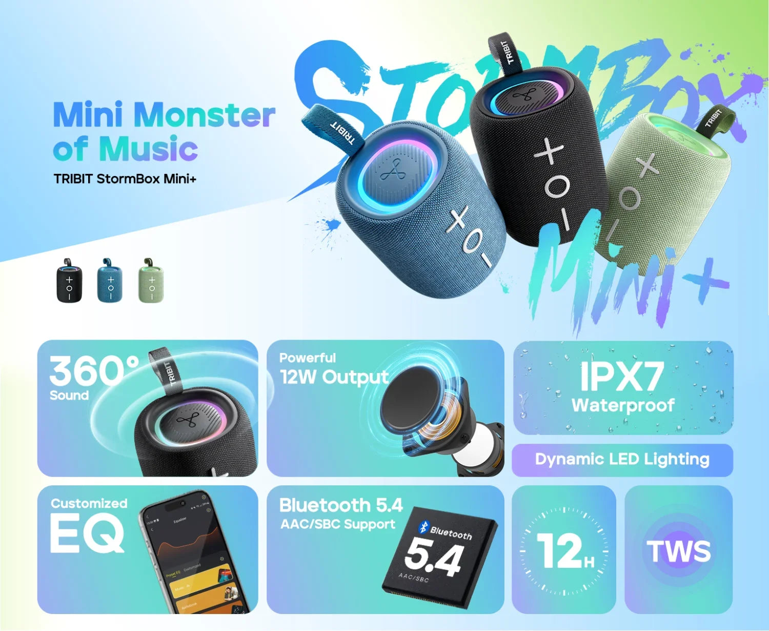 TRIBIT StormBox Mini+ Bluetooth Speaker, 12W 360° Sound With XBass, LEDs, 12 Hours playtimes, IPX7 Waterproof For Hiking Outdoor