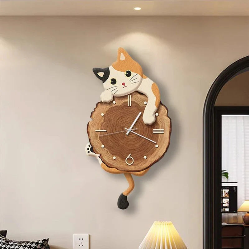 Cartoon Cat Wall Clock Creative Cat Tail Swing Wall Clock Quartz Mute Wall Clock Home Decoration Living Room Bedroom Decoration