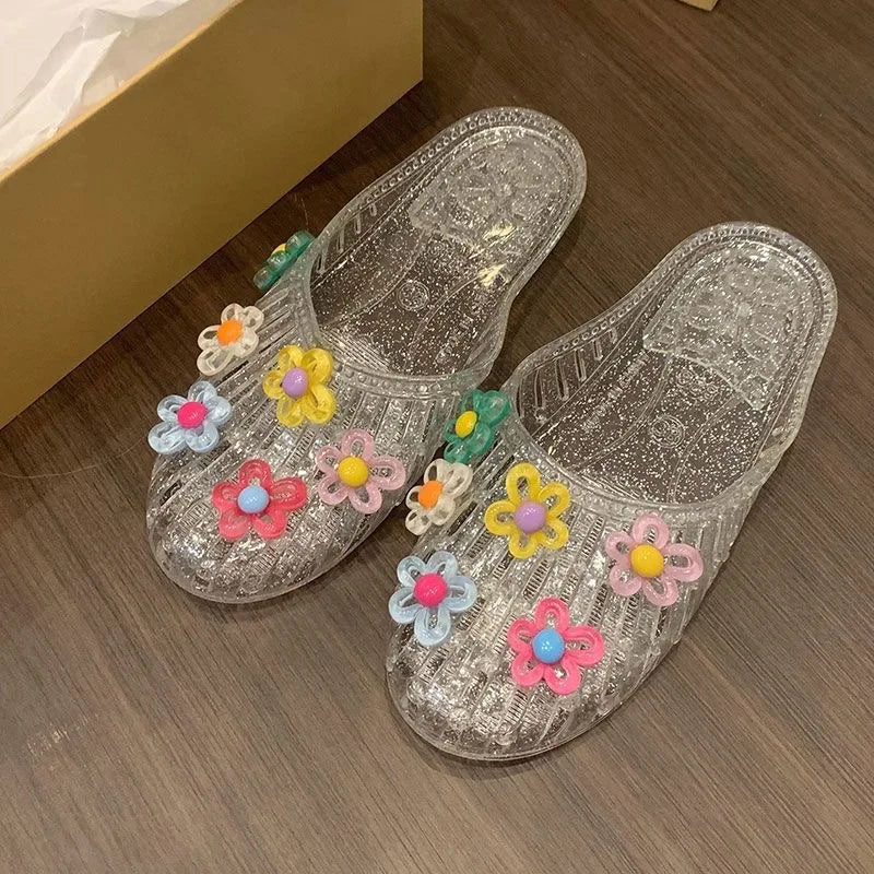 Sweet Fairy Style Butterfly Knot Slip-On Crystal Flower Head Flat Bottom Sandals Women's Summer Fashion Beaded Casual Sandals