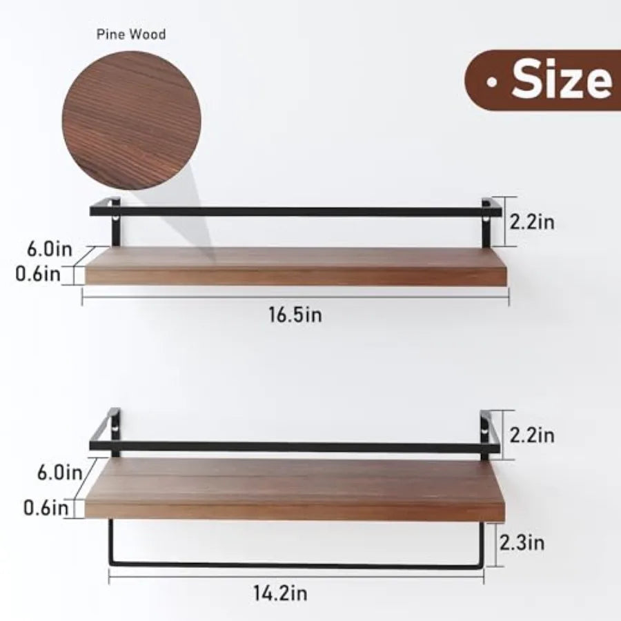 Wood Floating Shelves Wall Mounted - 2+1 Tier Rustic Bathroom Wall Shelves Over Toilet with Towel Bar, Set of 2 Farmhouse Float
