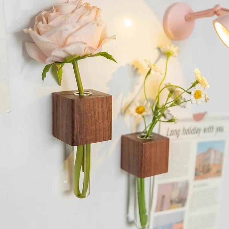 1/2pcs Wooden Magnetic Test Tube Vase Refrigerator Magnet DIY Flower Arrangement Simulation Flower Vase Home Kitchen Decoration