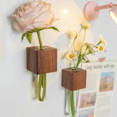 1/2pcs Wooden Magnetic Test Tube Vase Refrigerator Magnet DIY Flower Arrangement Simulation Flower Vase Home Kitchen Decoration