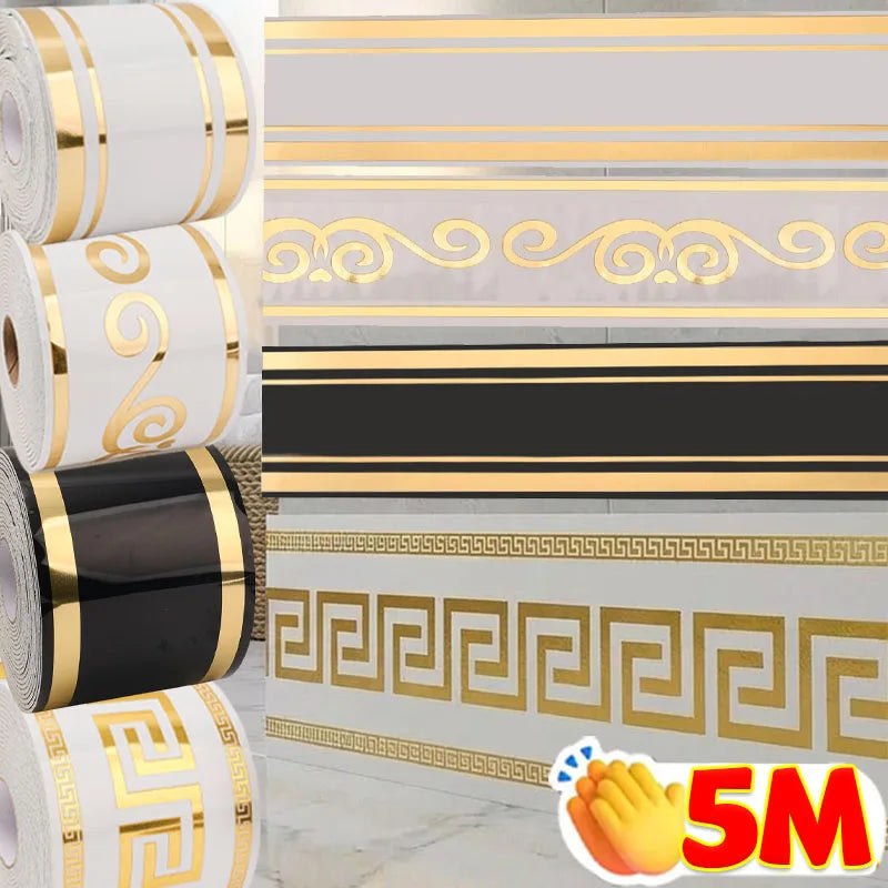Self Adhesive Skirting Board PVC Soft Wall Trim Strip Waist Line Sticker Waterproof Gold Border Floor Edge Protector Home Decor