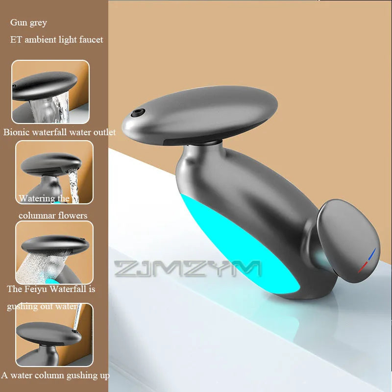 4Modes Outlet LED Basin Faucet 360° Rotatable Pulled Out Tap Temperature Sensitive Sink Faucets Drip-proof Hot Cold Switch Mixer