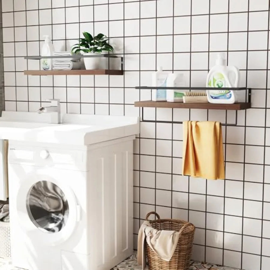 Wood Floating Shelves Wall Mounted - 2+1 Tier Rustic Bathroom Wall Shelves Over Toilet with Towel Bar, Set of 2 Farmhouse Float