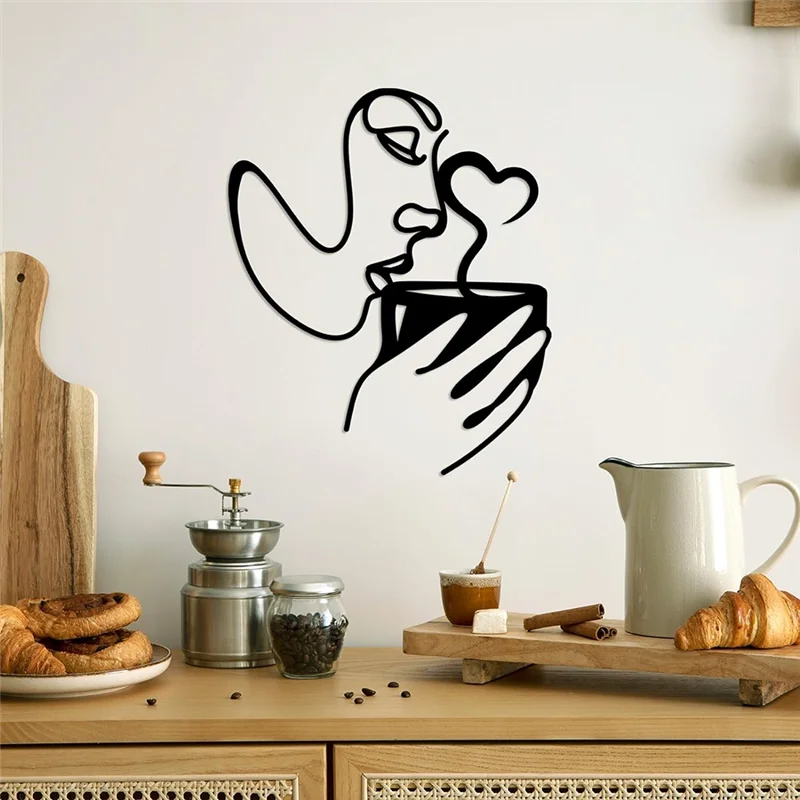 ABRE-Metal Coffee Wall Art Decor,Minimalist Women Drink Coffee Shape Wall Art, Modern Abstract Line Drawing Coffee Sculptures Du