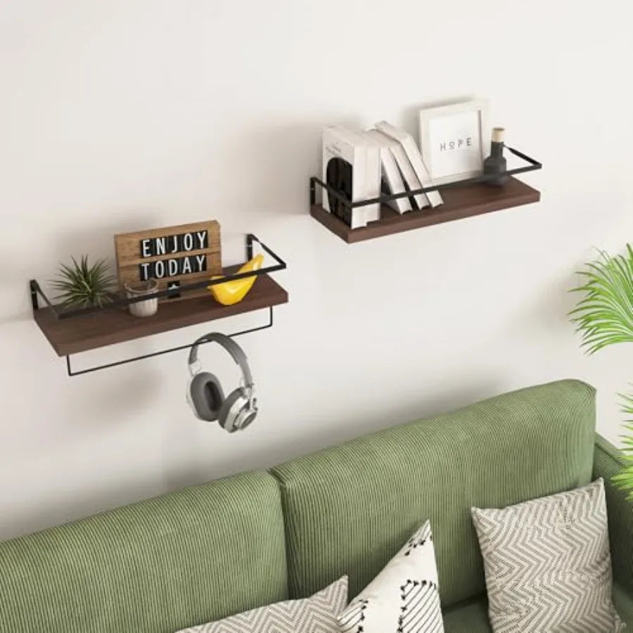 Wood Floating Shelves Wall Mounted - 2+1 Tier Rustic Bathroom Wall Shelves Over Toilet with Towel Bar, Set of 2 Farmhouse Float
