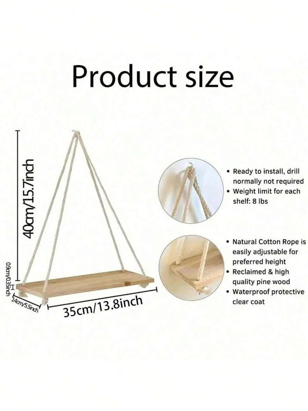 Wooden Swing Hanging Hemp Rope Wall Shelve Mounted Floating Home Living Room Plant Flower Pot Tray Storage Garden Decoration