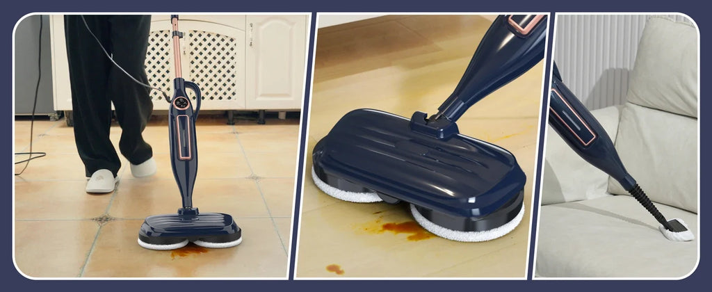 VM6 Steam Mop Cleaner with Rotating Mop Pads 1300W Powerful Floor Steamer 10 in 1 Lightweight Spin Mop High Temperature with Steam Blaster Technology LED Headlights for Home Hardwood Marble Floors