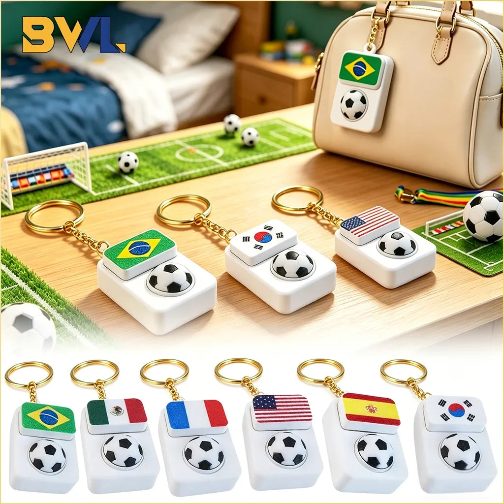 Spinning Soccer Clicker Keychain with Flag Pendant Stress Relief Fidget Toy for Fans Collectible Memorial Gift Boys Girls