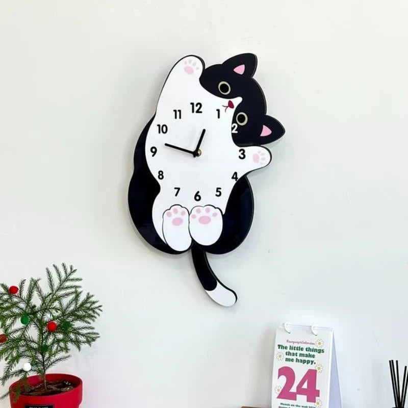 Cute Cat Tail Swaying Wall Clock Cartoon Silent Clock, Home Decoration Living Room Creative Clock Hanging on The Wall
