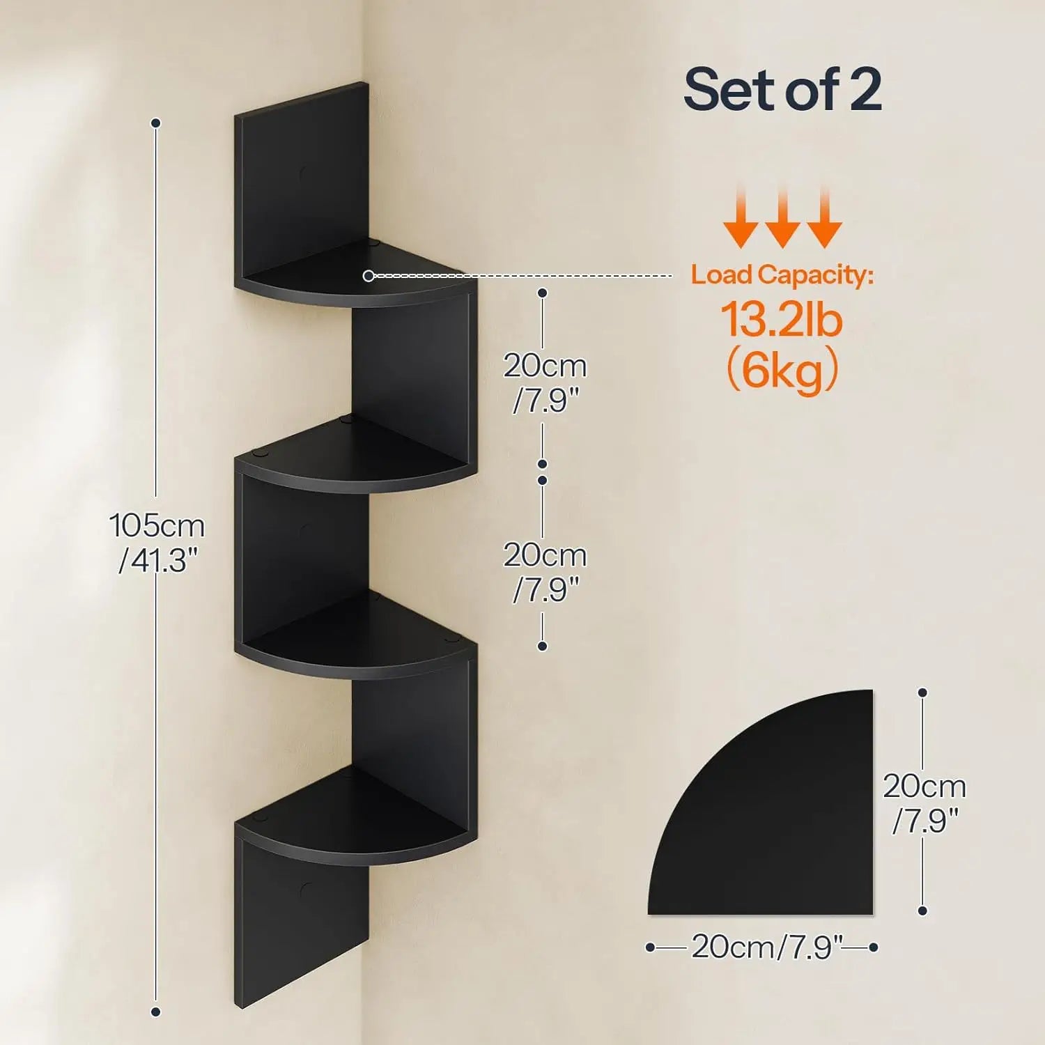Space Saving Storage for Bedroom, Living Room, Bathroom, Home Office 5-Tier Corner Shelf, Wall Mounted Floating Shelves