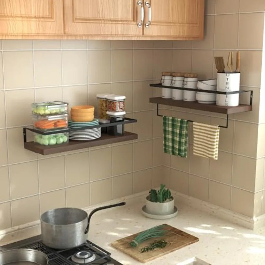 Wood Floating Shelves Wall Mounted - 2+1 Tier Rustic Bathroom Wall Shelves Over Toilet with Towel Bar, Set of 2 Farmhouse Float
