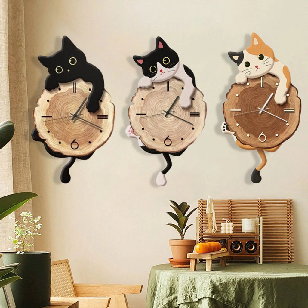 Cat Wall Clock Animal with Swinging Tail Cute Pendulum Decorative Clock for Kitchen Bedroom Dining Room Living Room Indoor