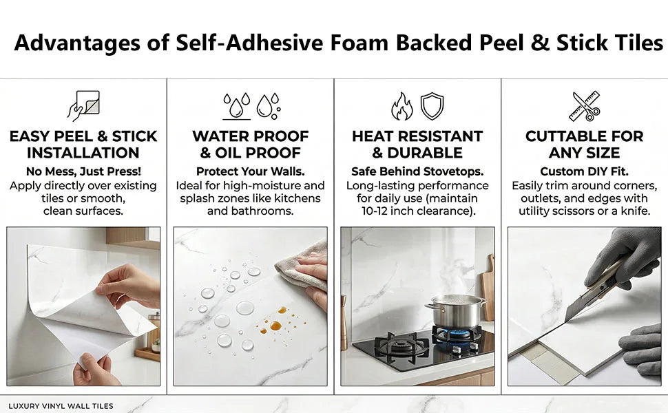 10/20pcs Peel and Stick Backsplash Tiles White Marble Wall Tiles Self Adhesive Wall Stick on Backsplash for Kitchen Bathroom