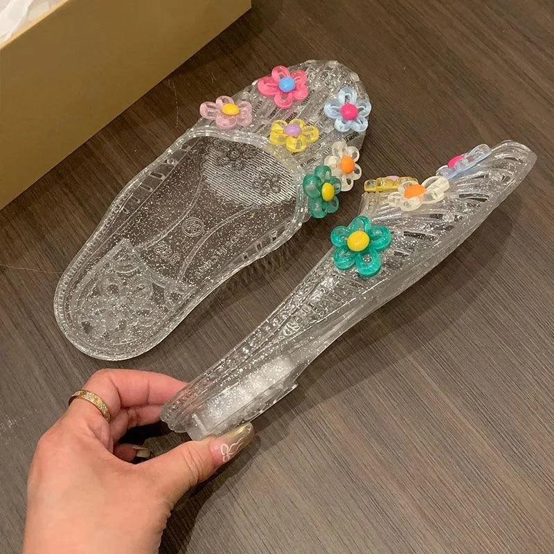 Sweet Fairy Style Butterfly Knot Slip-On Crystal Flower Head Flat Bottom Sandals Women's Summer Fashion Beaded Casual Sandals