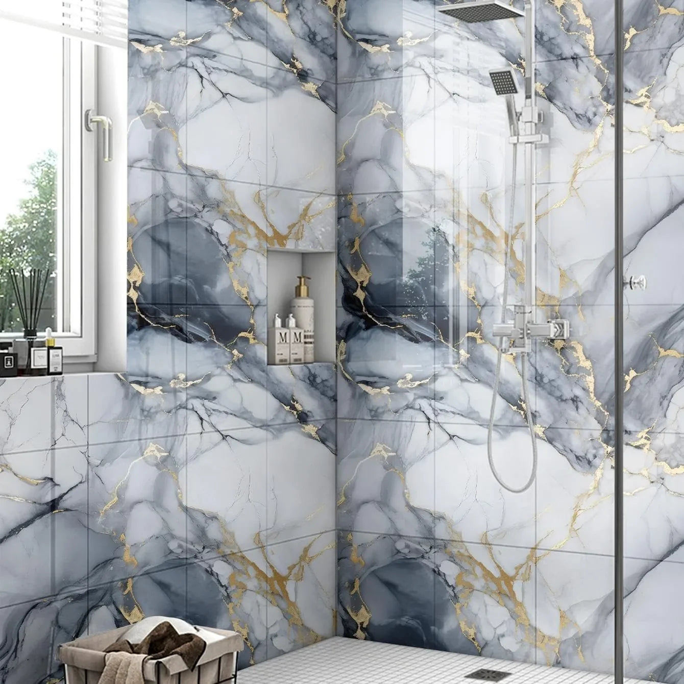 Waterproof Peel and Stick Marble Wall Tiles11.8x11.8 in Self Adhesive PVC Panels for Bathroom Kitchen and Living Room
