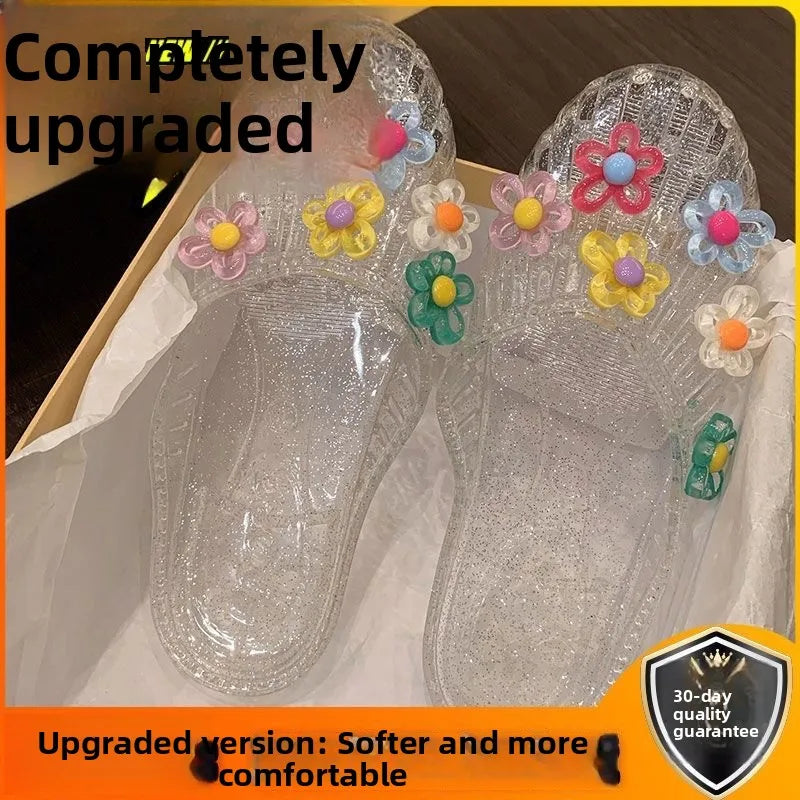 Sweet Fairy Style Butterfly Knot Slip-On Crystal Flower Head Flat Bottom Sandals Women's Summer Fashion Beaded Casual Sandals