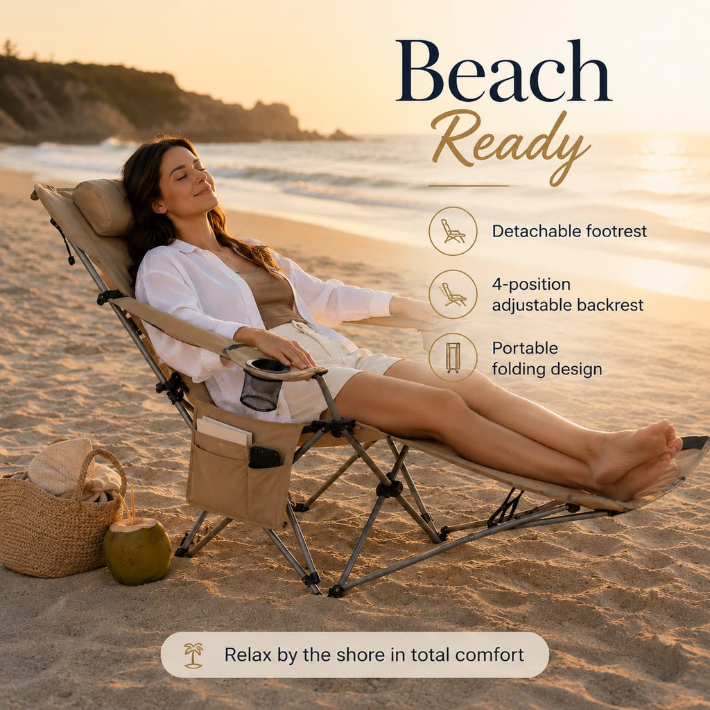 Reclining Camping Chair With Footrest 4-Position Adjustable Outdoor Folding Chair Heavy Duty Portable Camping Lounge Chair With Headrest Cup Holder & Side Pocket For Outdoor Beach Patio Travel