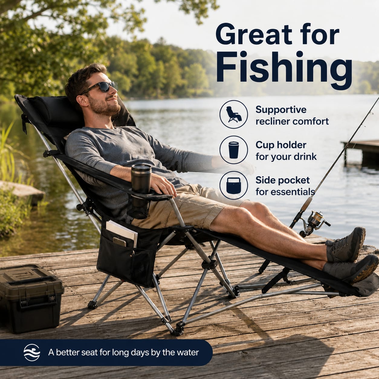 Reclining Camping Chair With Footrest 4-Position Adjustable Outdoor Folding Chair Heavy Duty Portable Camping Lounge Chair With Headrest Cup Holder & Side Pocket For Outdoor Beach Patio Travel