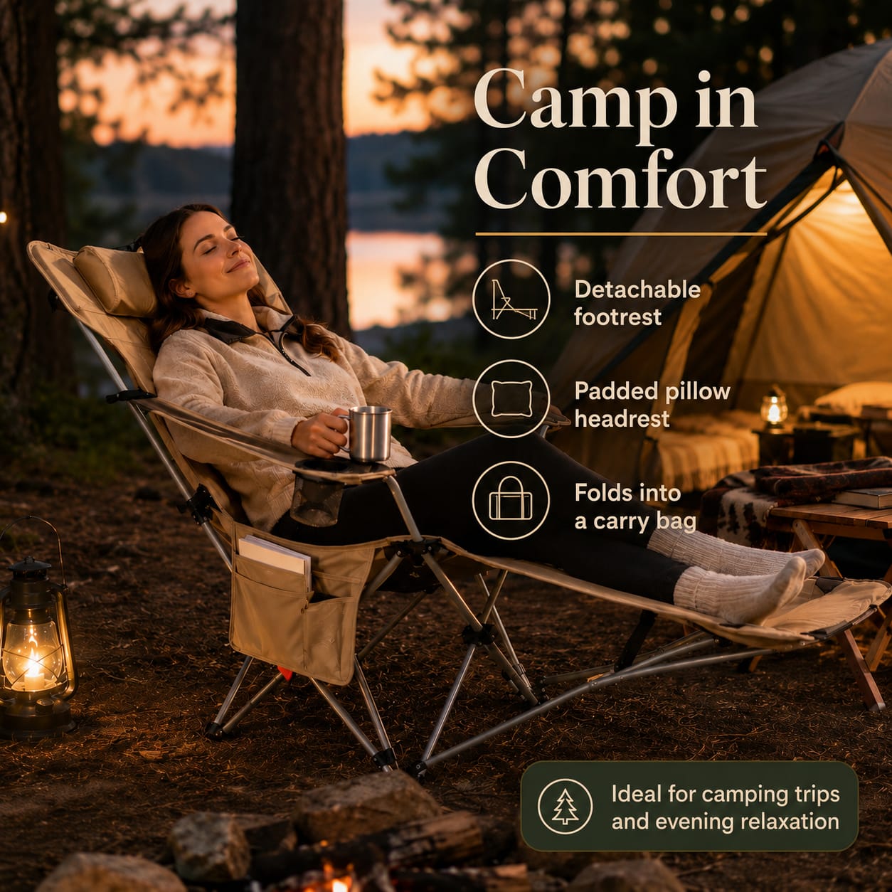 Reclining Camping Chair With Footrest 4-Position Adjustable Outdoor Folding Chair Heavy Duty Portable Camping Lounge Chair With Headrest Cup Holder & Side Pocket For Outdoor Beach Patio Travel