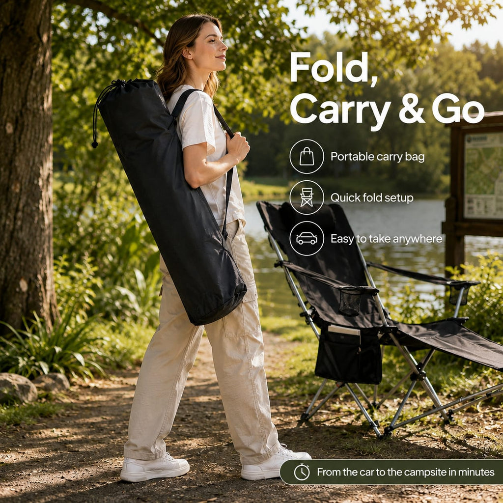Reclining Camping Chair With Footrest 4-Position Adjustable Outdoor Folding Chair Heavy Duty Portable Camping Lounge Chair With Headrest Cup Holder & Side Pocket For Outdoor Beach Patio Travel