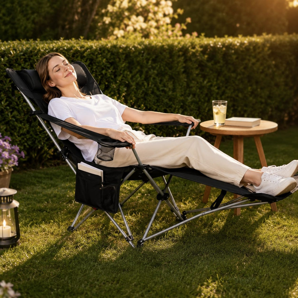 Reclining Camping Chair With Footrest 4-Position Adjustable Outdoor Folding Chair Heavy Duty Portable Camping Lounge Chair With Headrest Cup Holder & Side Pocket For Outdoor Beach Patio Travel