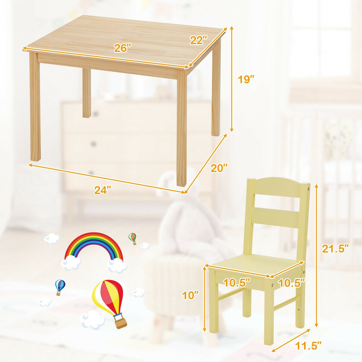 5 Pcs Kids Pine Wood Multicolor Table Chair Set