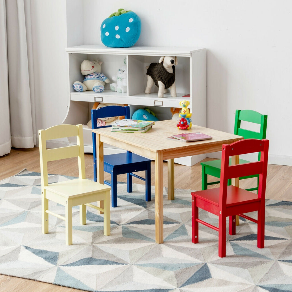 5 Pcs Kids Pine Wood Multicolor Table Chair Set