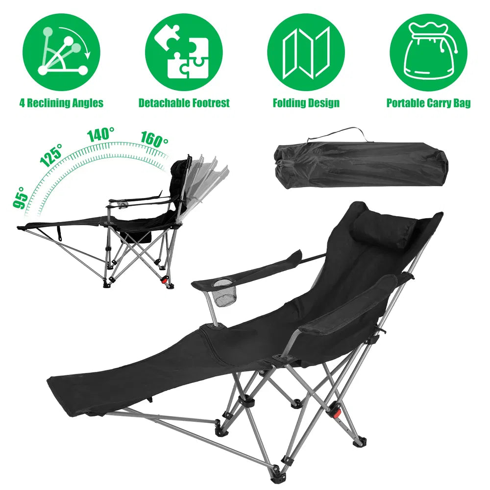 Reclining Camping Chair With Footrest 4-Position Adjustable Outdoor Folding Chair Heavy Duty Portable Camping Lounge Chair With Headrest Cup Holder & Side Pocket For Outdoor Beach Patio Travel