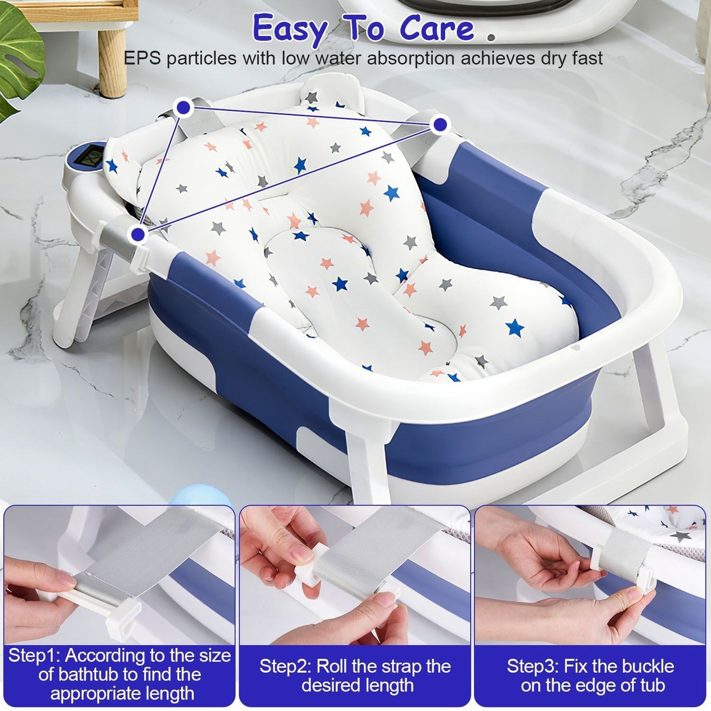 Baby Bath Cushion Mat for Foldable Baby Bathtub with Built-in Thermometer