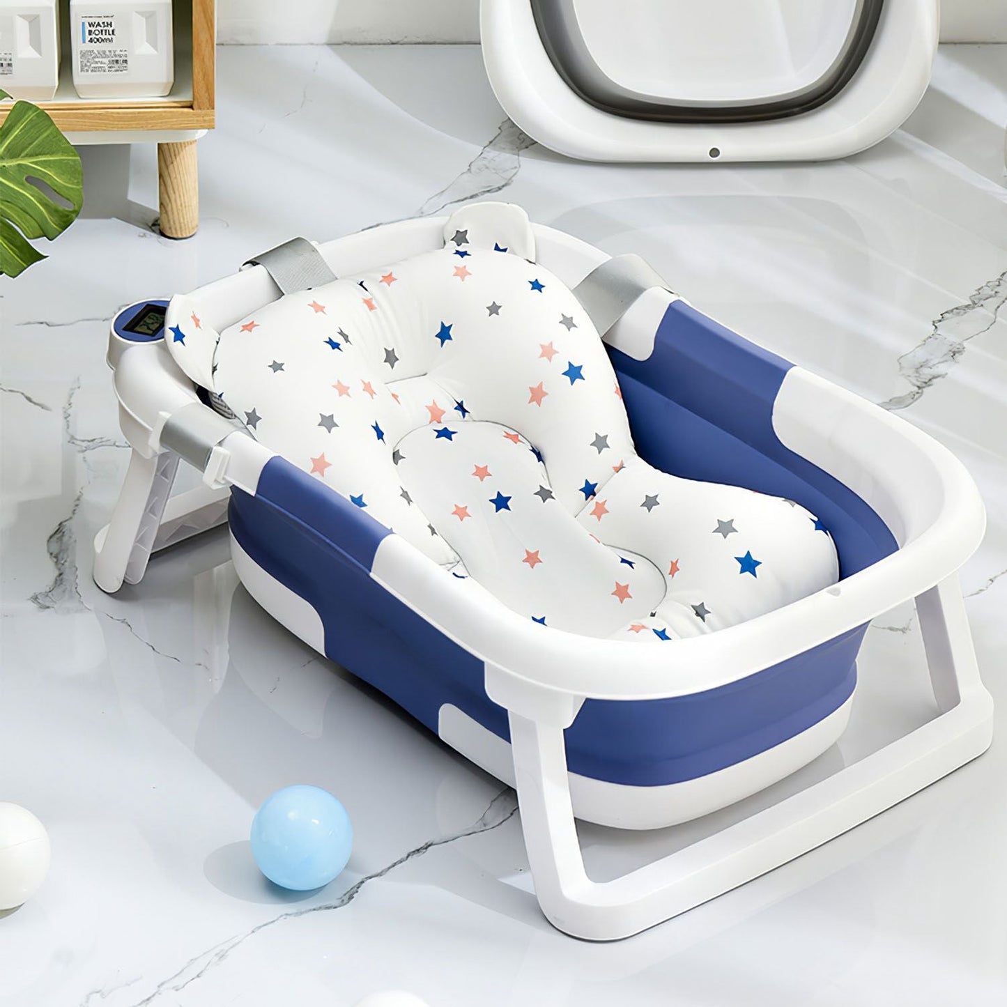 Baby Bath Cushion Mat for Foldable Baby Bathtub with Built-in Thermometer